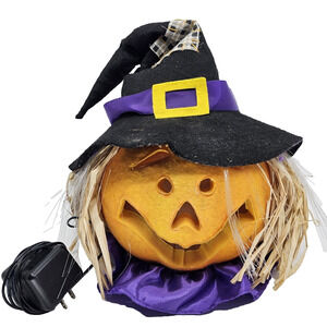 Vintage Halloween Fiber Optic Scarecrow Witch Pumpkin Gemmy Plug In RARE 12" Box